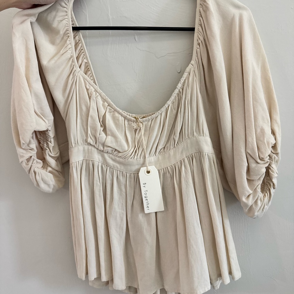 By Together Tan and Cream Puff Sleeve Blouse with Ruched Ruffled Details